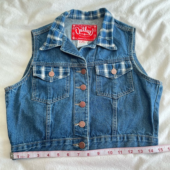 Vintage Outlaw Cropped Denim Vest w/ Plaid Trim, L 90s Grunge Western Aesthetic - Picture 12 of 14